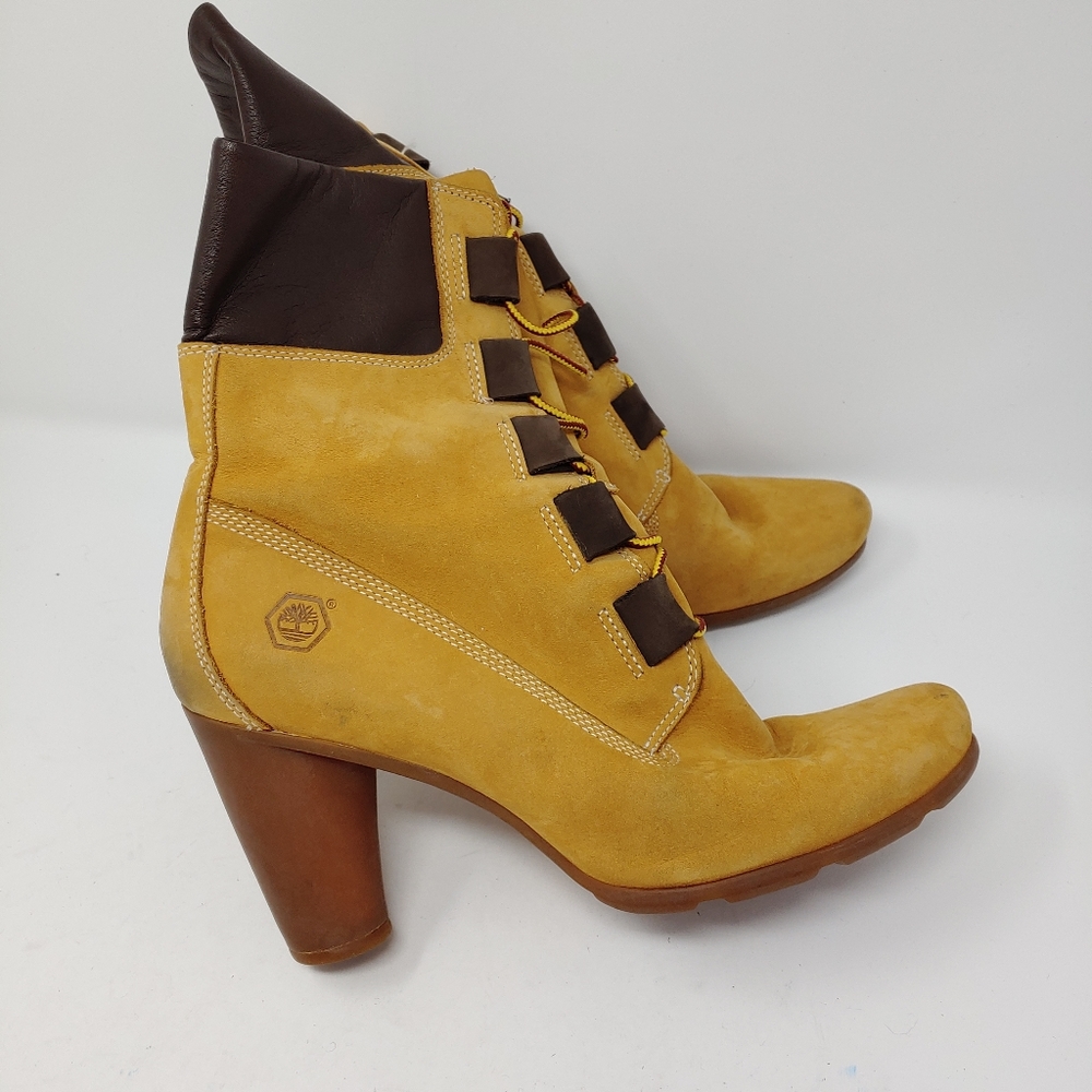 Timberland Leather High Heel Lace Up Combat Wheat Tan Boots Size 9
